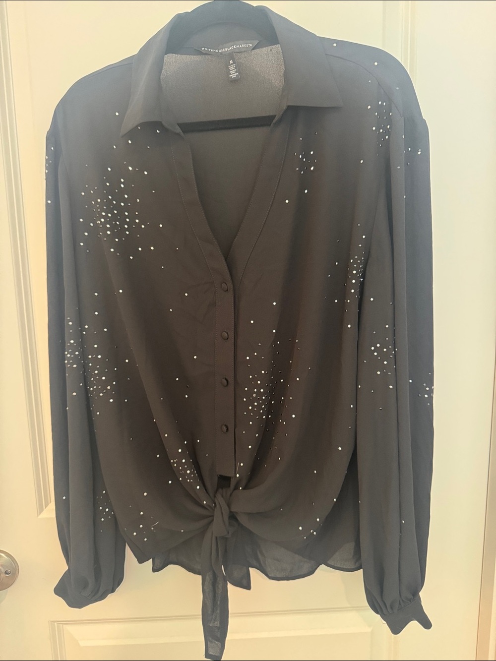 WHBM NWOT Womens Black Tie-Front Button Blouse with White Speckle Detail